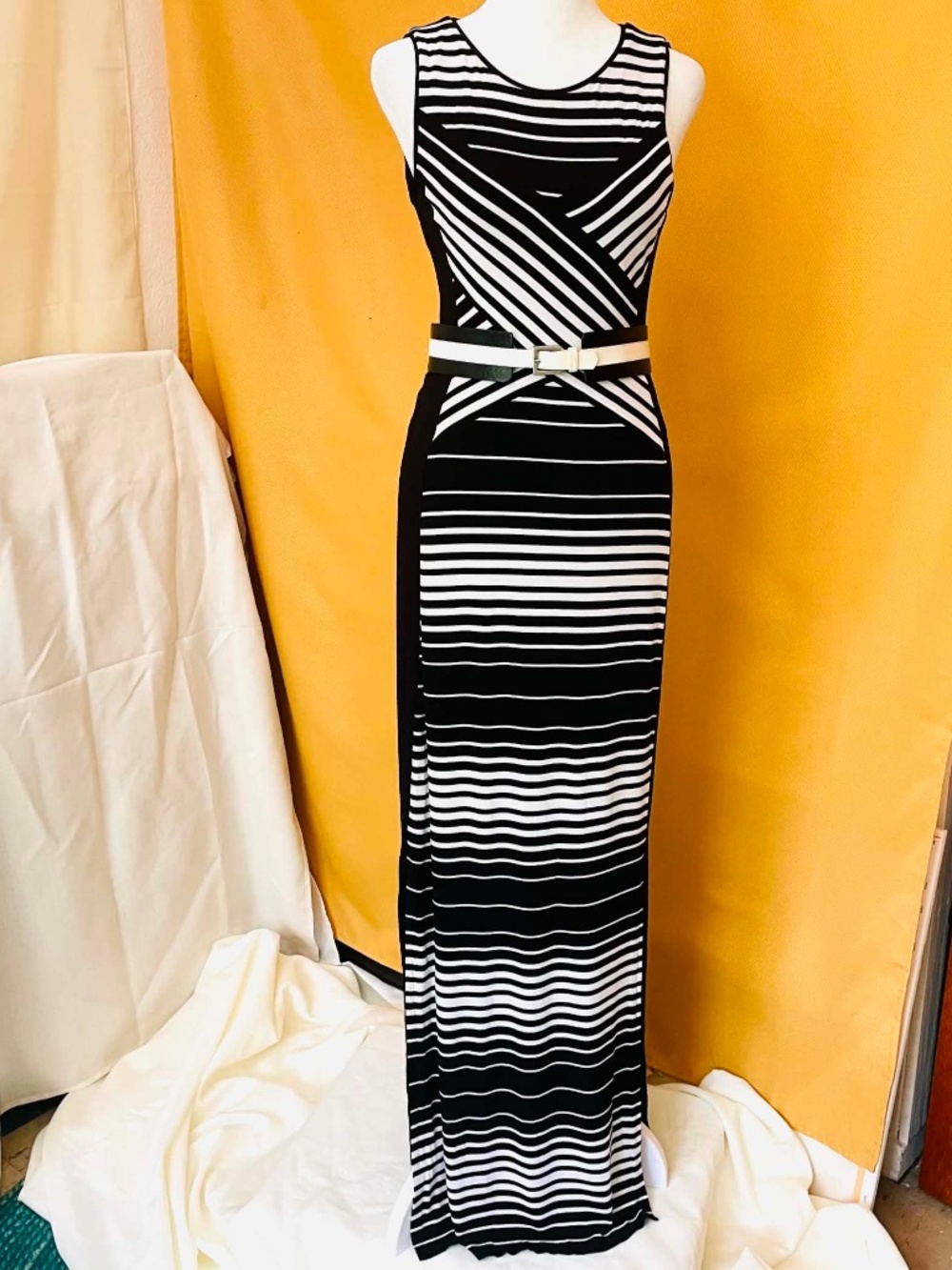 Black and white striped maxi dress with lining S Minimalist Summer
